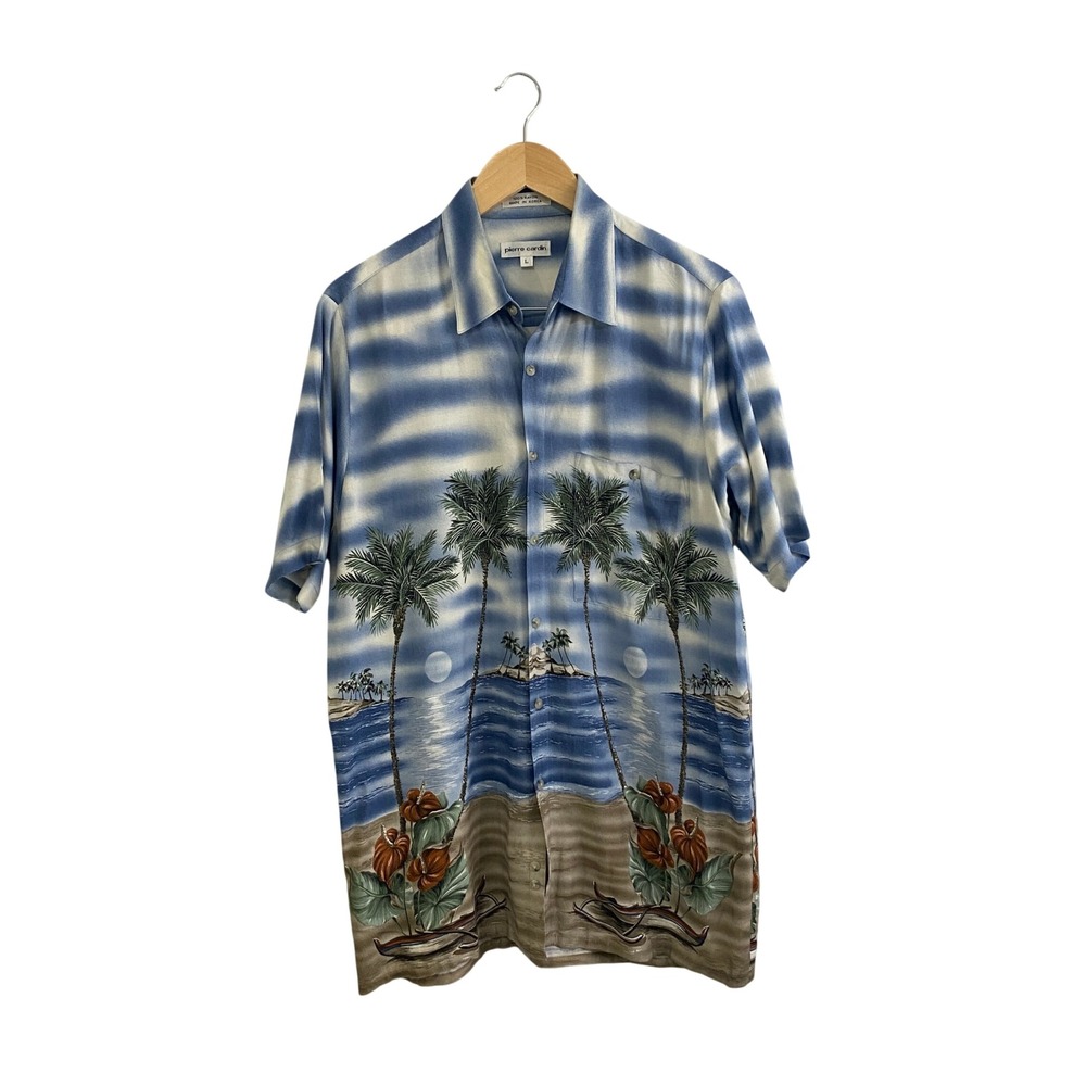 Vtg Pierre Cardin Rayon Hawaiian Shirt Men L Tropical Beach Palm Tree Aloha Camp